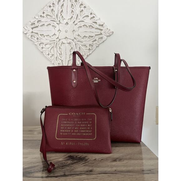 Coach Handbags - Coach Burgundy City Tote F46286 Tossed Peony Floral Reversible Tote Bag W Pouch